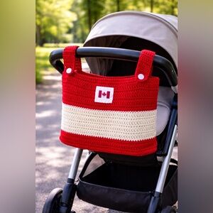 NEW Handmade Red and Cream Crochet Stroller Bag 🇨🇦